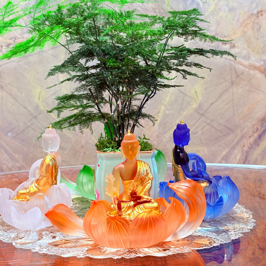Lotus Serenity · Amber-Toned Liuli Buddha Sculpture with Lotus Base