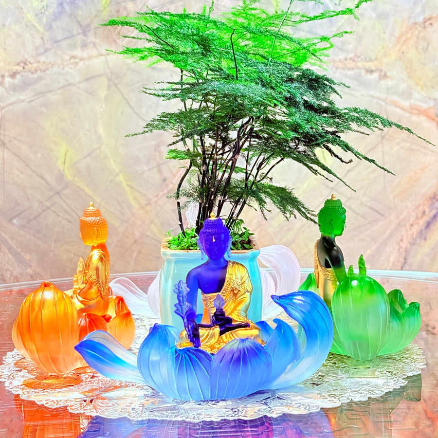Lotus Serenity · Blue Liuli Buddha Sculpture with Lotus Base
