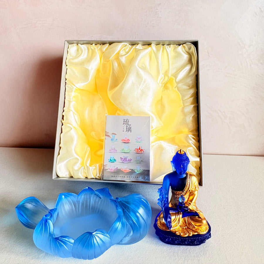 Lotus Serenity · Blue Liuli Buddha Sculpture with Lotus Base