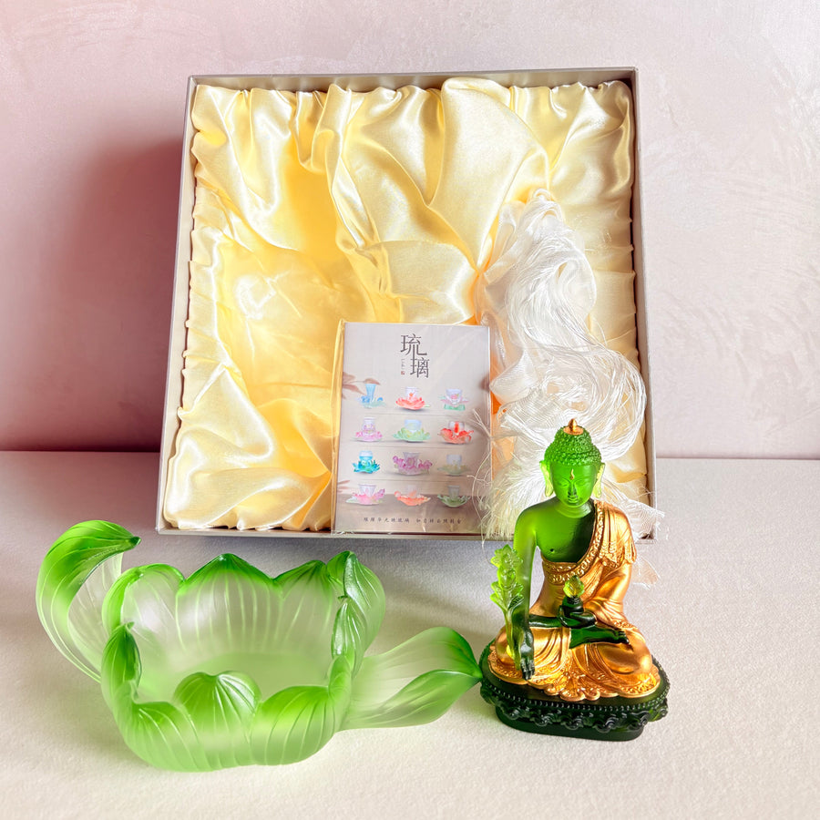 Lotus Serenity · Green Liuli Buddha Sculpture with Lotus Base