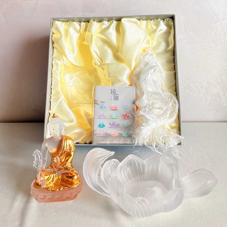 Lotus Serenity · White Liuli Buddha Sculpture with Lotus Base