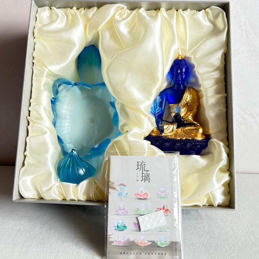 Lotus Serenity · Blue Liuli Buddha Sculpture with Lotus Base