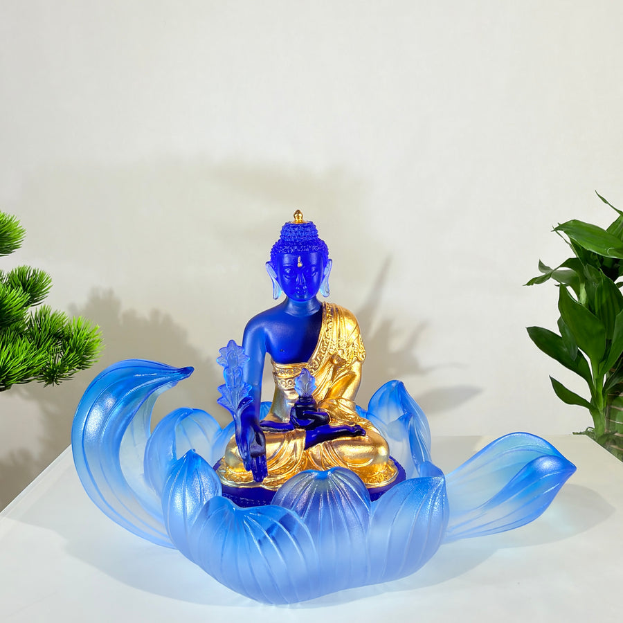 Lotus Serenity · Blue Liuli Buddha Sculpture with Lotus Base