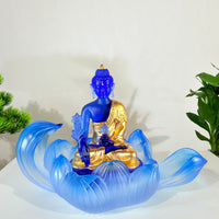 Lotus Serenity · Blue Liuli Buddha Sculpture with Lotus Base