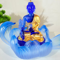 Lotus Serenity · Blue Liuli Buddha Sculpture with Lotus Base