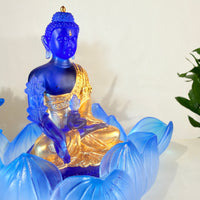 Lotus Serenity · Blue Liuli Buddha Sculpture with Lotus Base