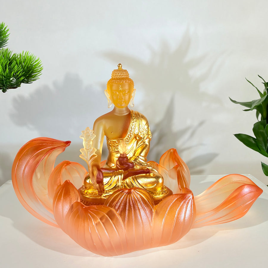 Lotus Serenity · Amber-Toned Liuli Buddha Sculpture with Lotus Base