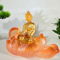 Lotus Serenity · Amber-Toned Liuli Buddha Sculpture with Lotus Base