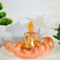 Lotus Serenity · Amber-Toned Liuli Buddha Sculpture with Lotus Base
