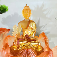 Lotus Serenity · Amber-Toned Liuli Buddha Sculpture with Lotus Base