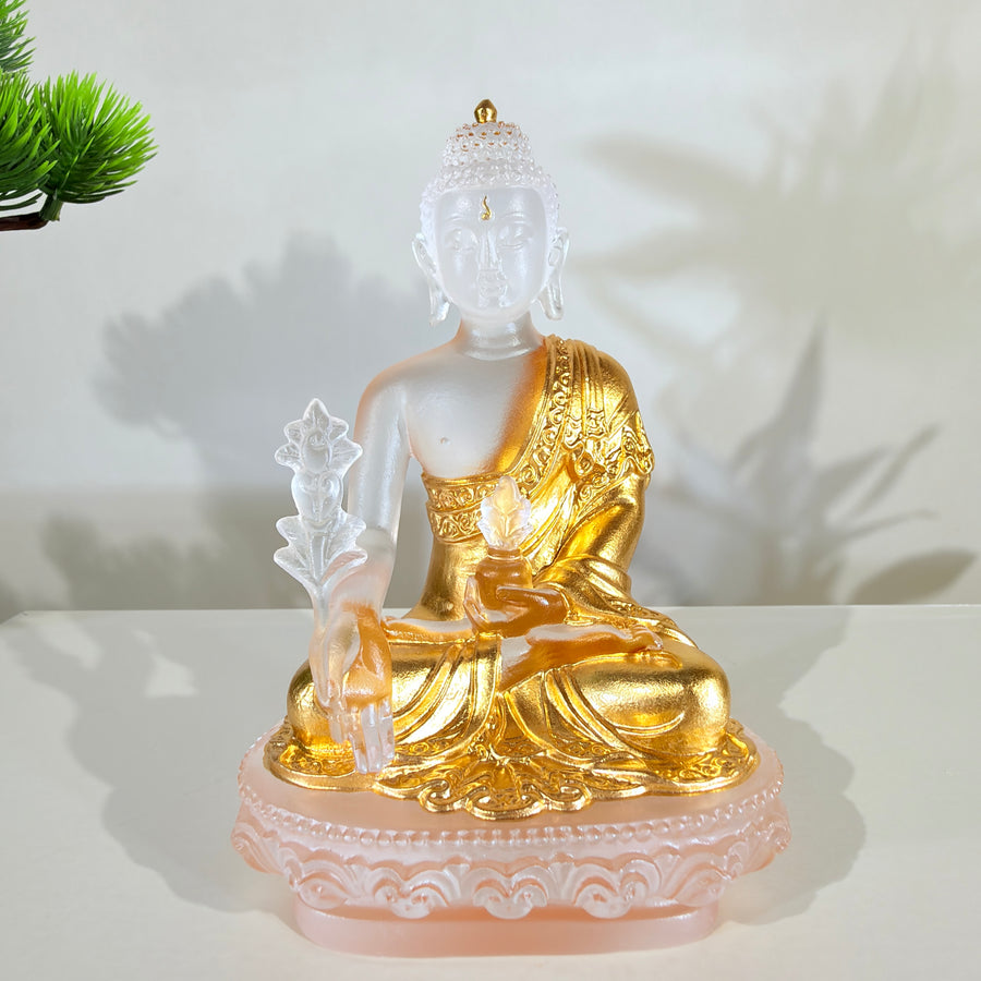 Lotus Serenity · White Liuli Buddha Sculpture with Lotus Base
