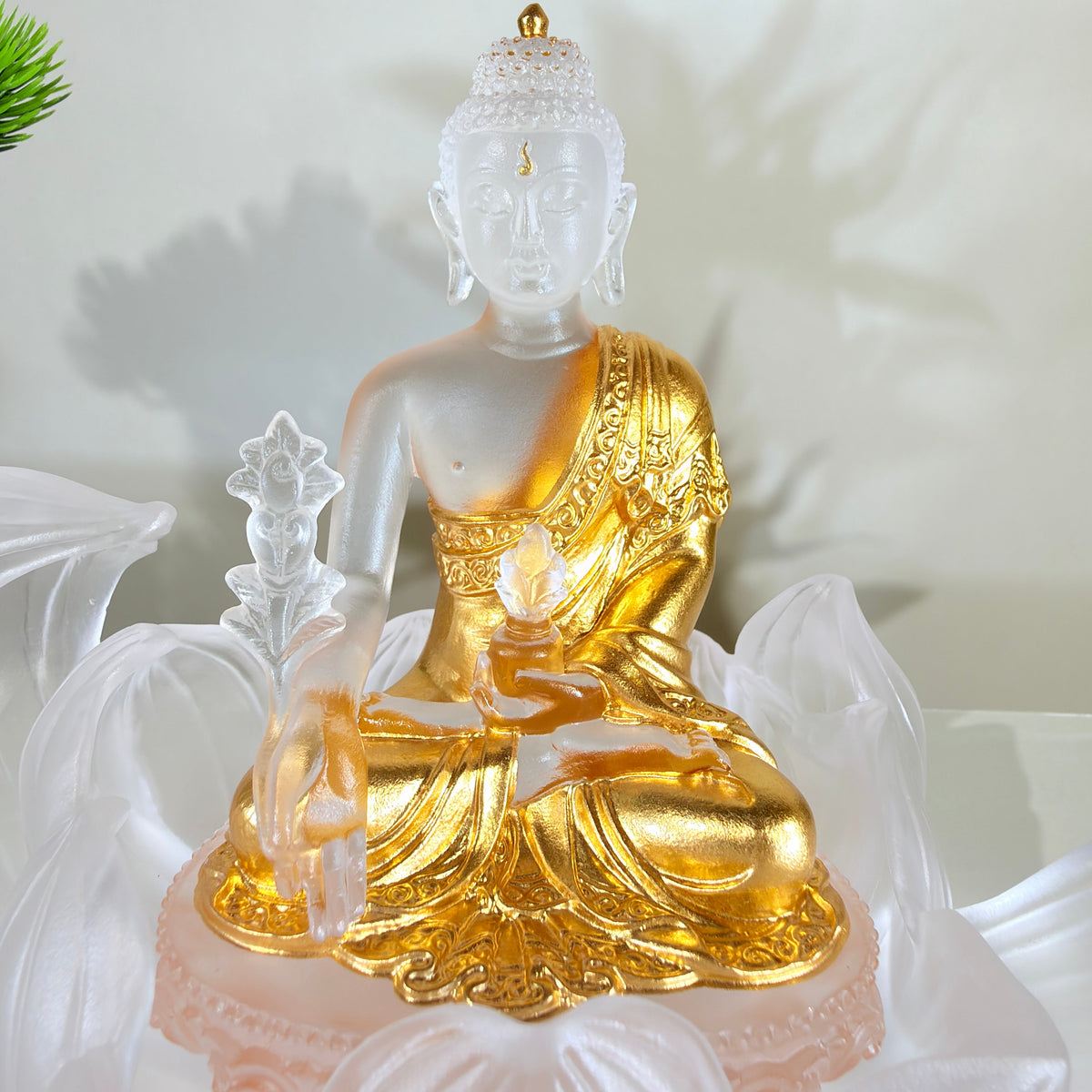 Lotus Serenity · White Liuli Buddha Sculpture with Lotus Base