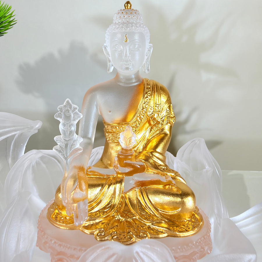 Lotus Serenity · White Liuli Buddha Sculpture with Lotus Base