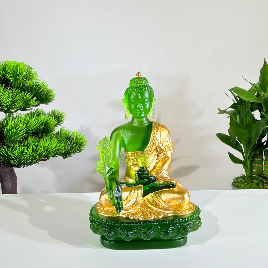 Lotus Serenity · Green Liuli Buddha Sculpture with Lotus Base