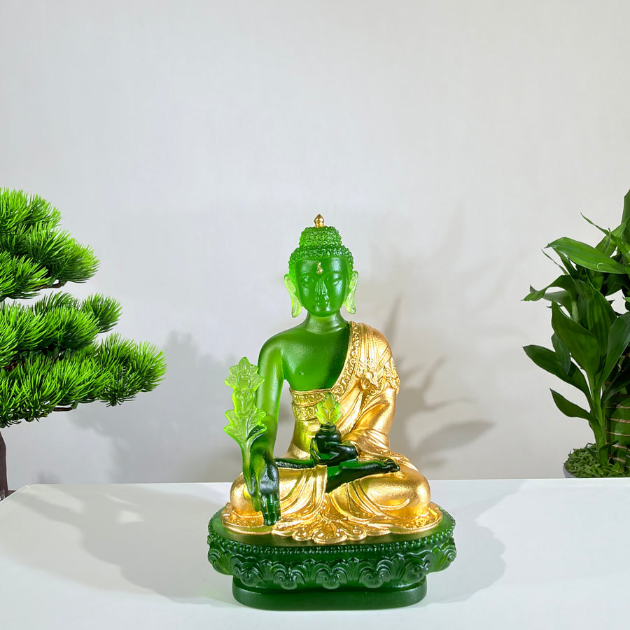 Lotus Serenity · Green Liuli Buddha Sculpture with Lotus Base