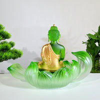 Lotus Serenity · Green Liuli Buddha Sculpture with Lotus Base