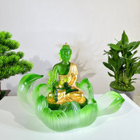 Lotus Serenity · Green Liuli Buddha Sculpture with Lotus Base