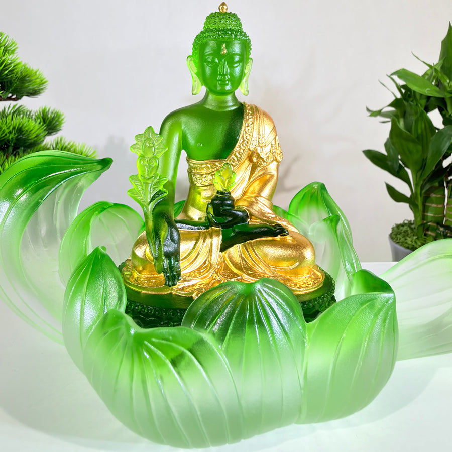 Lotus Serenity · Green Liuli Buddha Sculpture with Lotus Base