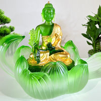 Lotus Serenity · Green Liuli Buddha Sculpture with Lotus Base