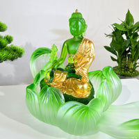 Lotus Serenity · Green Liuli Buddha Sculpture with Lotus Base