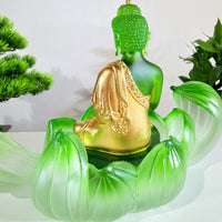 Lotus Serenity · Green Liuli Buddha Sculpture with Lotus Base
