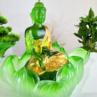 Lotus Serenity · Green Liuli Buddha Sculpture with Lotus Base