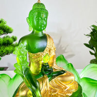 Lotus Serenity · Green Liuli Buddha Sculpture with Lotus Base