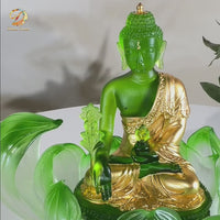 Lotus Serenity · Green Liuli Buddha Sculpture with Lotus Base